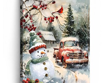 Snowman Canvas Wall Art, Christmas Decor with Vintage Red Truck and Cardinal