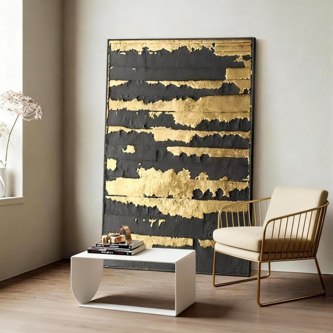 Black and Gold Abstract Wall Art Modern Minimalist Canvas Painting ...
