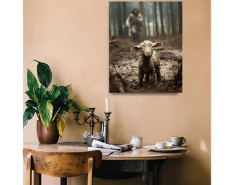 Jesus Canvas Wall Art Jesus Running After Lost Lamb Picture Jesus and Lamb Canvas Print Christian Home Decor Jesus Saving Lamb Wall Decor