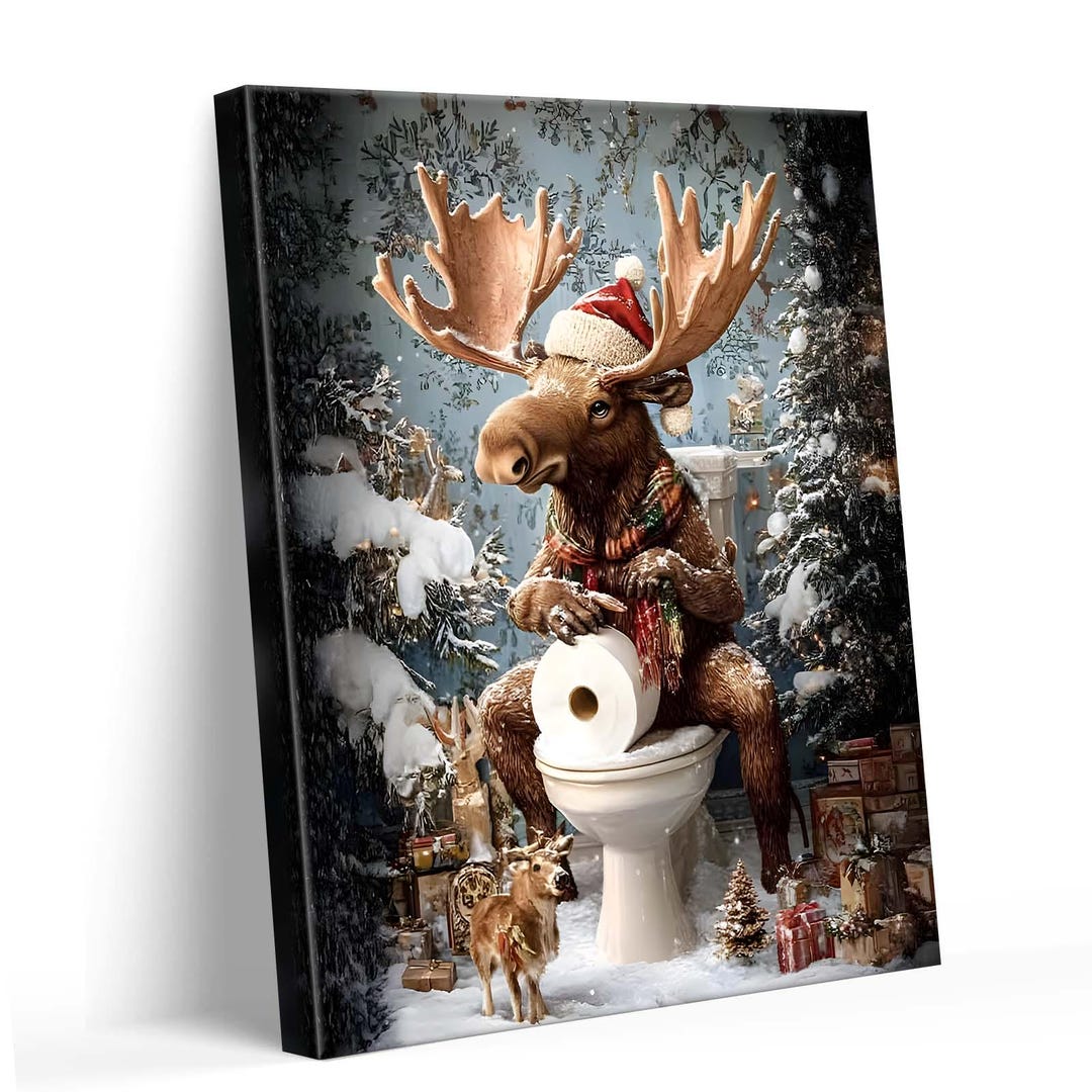Christmas Bathroom Wall Art Funny Holiday Decor Moose, Cat, Deer