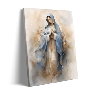 Praying Madonna Surrounded by Roses, Virgin Mary Canvas Wall Art, Spiritual Religious Framed Print, Catholic Home Decor for Living Room