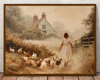 Charming Farmhouse Girl & Chickens Canvas Wall Art Vintage Inspired Print