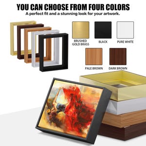 May include: A selection of square picture frames in various colors, including black, white, and wood tones. The text "YOU CAN CHOOSE FROM FOUR COLORS" is displayed above the frames, along with color swatches labeled "Brushed Gold Brass", "Black", "Pure White", "Pale Brown", and "Dark Brown".