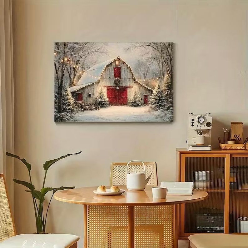 Vintage Farmhouse Barn Painting - Winter Snow Scene With Red Doors Cozy ...