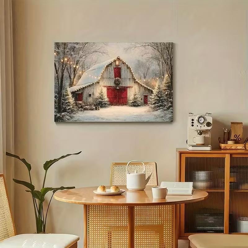 Vintage Farmhouse Barn Painting - Winter Snow Scene With Red Doors Cozy ...