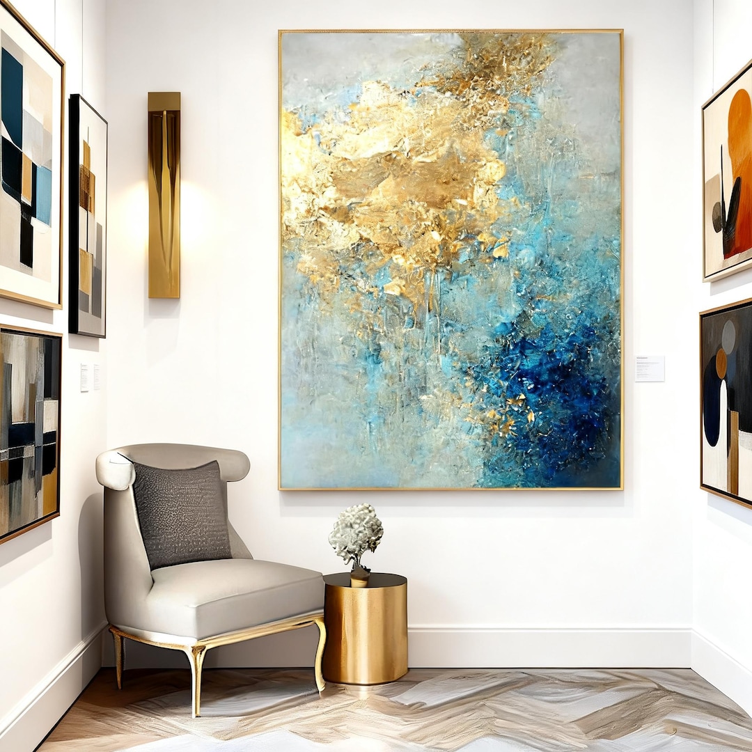 Blue Gold Abstract Wall Art, Modern Luxury Canvas Painting Elegant Foil ...