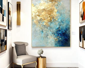 Blue Gold Abstract Wall Art, Modern Luxury Canvas Painting Elegant Foil Artwork