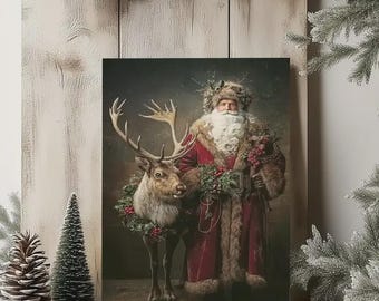 Vintage Santa with Reindeer Large Christmas Wall Art for Living Room, Retro Santa Canvas Print, Cozy Holiday Decor