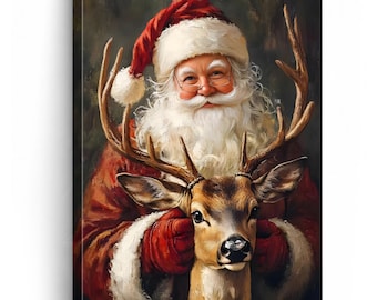 Santa and Reindeer Christmas Wall Art, Rustic Holiday Canvas Print, Farmhouse Christmas Decor, Woodland Xmas Gift