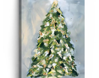 Abstract Christmas Tree Wall Art, Modern Holiday Canvas Print, Gold Christmas Decor, Neutral Winter Wall Decor, Farmhouse Art