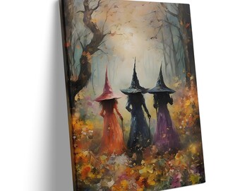 Three Witches Canvas Wall Art, Mystical Forest Painting, Autumn Witch Decor, Magical Woodland Poster, Halloween Fall Home Decor