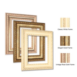 May include: A collection of ornate picture frames in various colors. The frames include a classic white, elegant gold, and vintage rose gold. Each frame has detailed decorative molding.