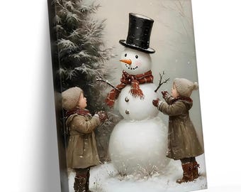 Framed Vintage Snowman Art Print, Farmhouse Christmas Decor, Cozy Winter Holiday Wall Art, Nordic Christmas Canvas
