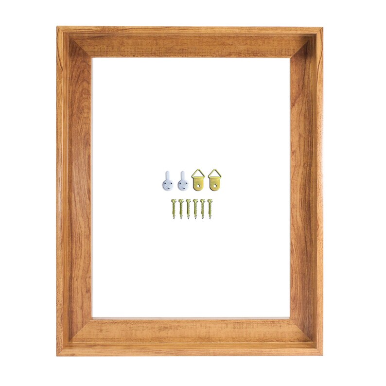 May include: A rectangular wooden picture frame with a light brown finish. Includes picture hanging hardware: three hooks and seven screws. The frame is empty, with a white interior.