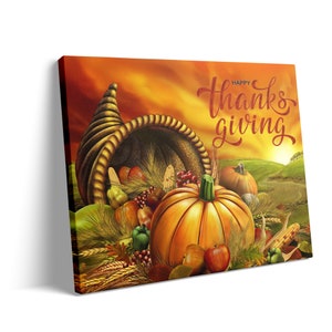 Decoración de pared con calabaza, pintura de flores de otoño, cosecha de granja, arte en lienzo de feliz día de acción de gracias, arte de pared en lienzo agradecido y bendecido