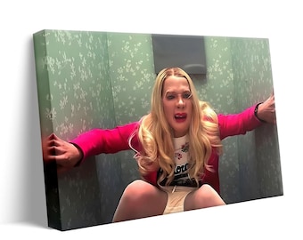 Funny Bathroom Canvas Print: Woman in Panic - Quirky Restroom Art