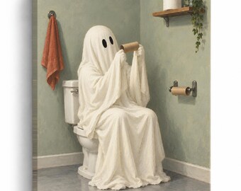 Funny Ghost Bathroom Wall Art, Empty Toilet Paper Roll Canvas Print, Bathroom Humor Decor