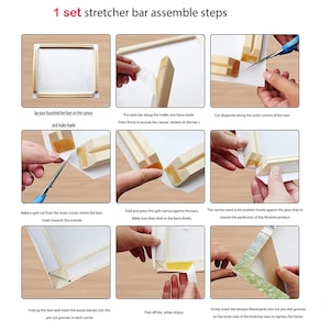 Puede incluir: Una gu&iacute;a paso a paso sobre c&oacute;mo ensamblar un bastidor para una pintura sobre lienzo. Las instrucciones incluyen im&aacute;genes que muestran c&oacute;mo colocar las barras, cortar las esquinas, doblar el lienzo e insertar las tablas de tensi&oacute;n.