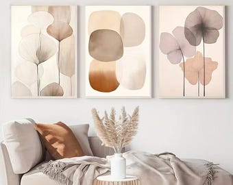 Floral Japandi Painting Neutral Abstract Wall Art Set of 3