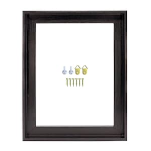 May include: A dark brown wooden picture frame with a rectangular aperture. Picture hanging hardware is included: white plastic hooks, gold metal sawtooth hangers, and small gold screws. The frame is for displaying artwork or photos.