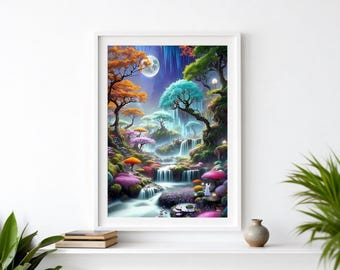 Fantasy Landscape Wall Art Magical Forest Canvas Colorful Waterfall Art
