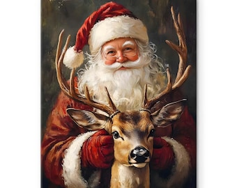 Santa Claus Canvas Wall Art, Reindeer Christmas Print, Vintage Holiday Decor, Rustic Winter Artwork, Cozy Farmhouse Christmas Gift
