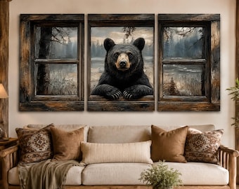 3 Panel Bear Forest Canvas Wall Art, Rustic Cabin Wall Decor, Vintage Window Scene, Farmhouse Lodge Print, 36x72in