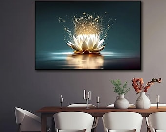 May include: A framed canvas art print featuring a glowing lotus flower. The artwork depicts a white and gold lotus with sparkling light emanating from the center, reflected in the water below. The background is a teal color.