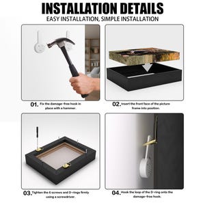 May include: Step-by-step instructions for installing a picture frame. The image shows a hammer, screwdriver, picture frame, and wall hooks. Text reads: "INSTALLATION DETAILS EASY INSTALLATION, SIMPLE INSTALLATION."