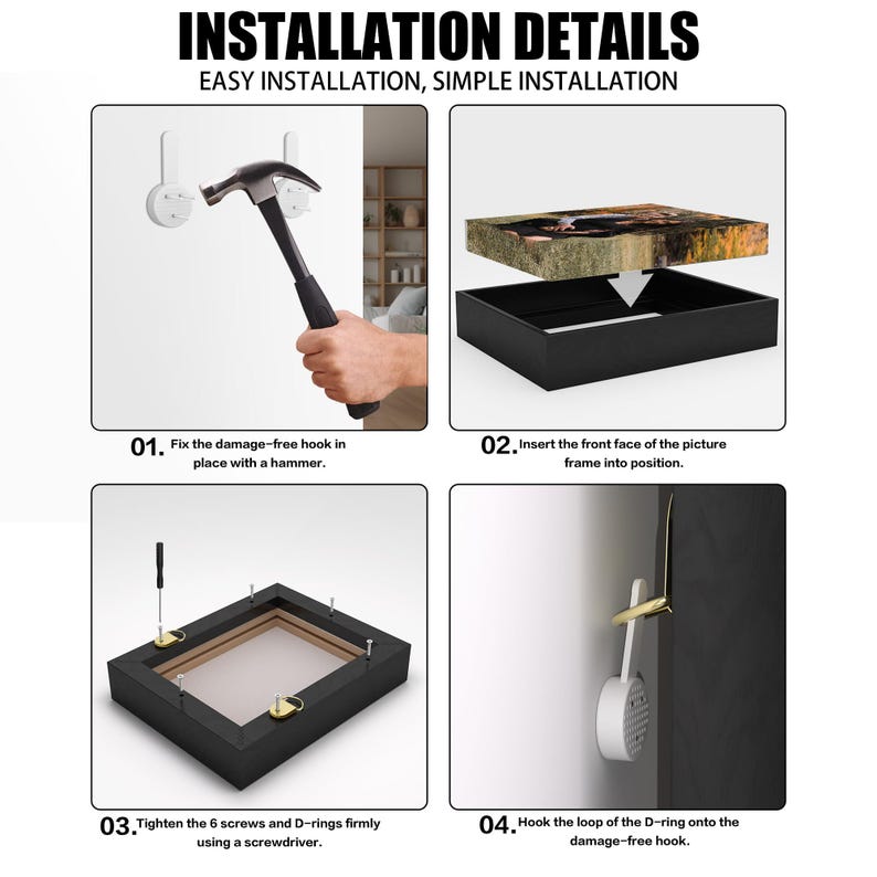 May include: Step-by-step instructions for installing a picture frame. The image shows a hammer, screwdriver, picture frame, and wall hooks. Text reads: "INSTALLATION DETAILS EASY INSTALLATION, SIMPLE INSTALLATION."
