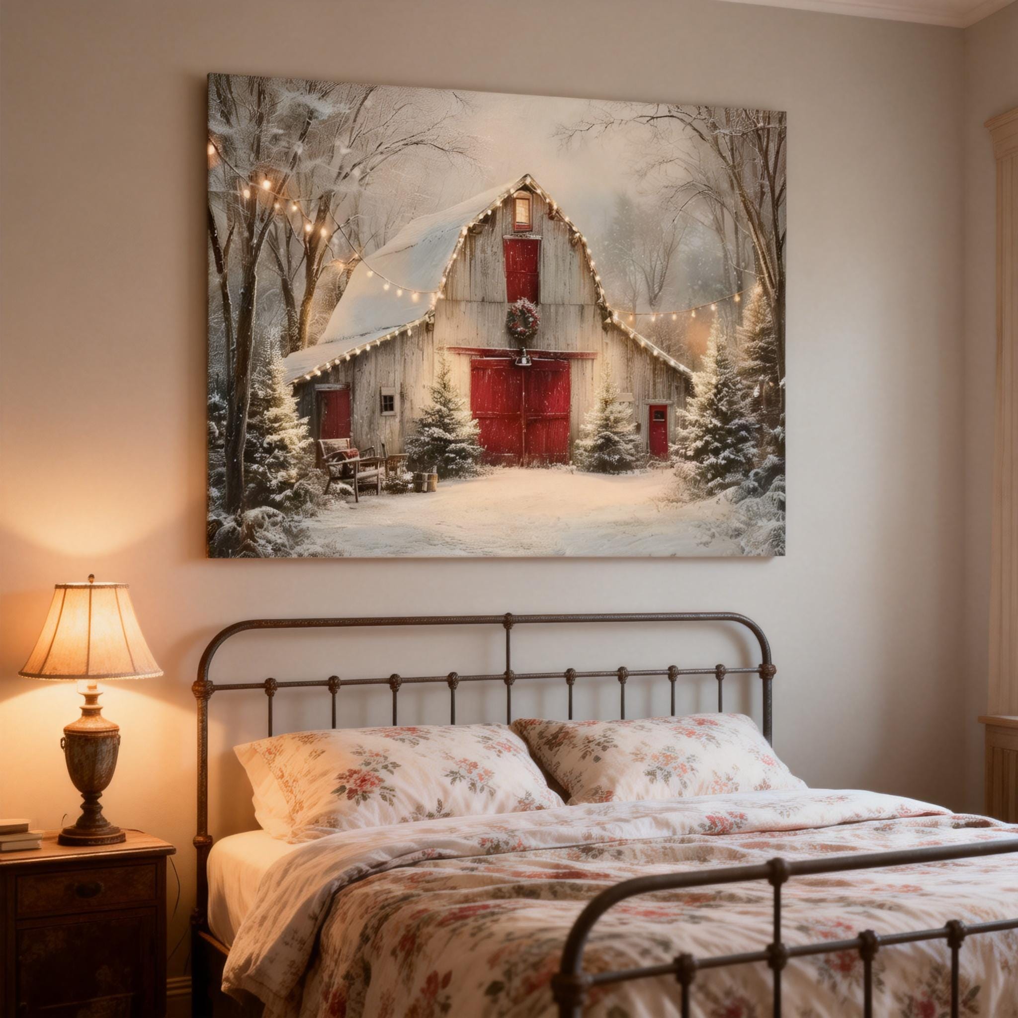Vintage Farmhouse Barn Painting - Winter Snow Scene With Red Doors Cozy ...