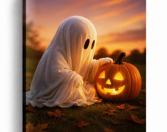 Ghost and Pumpkin Canvas Wall Art, Farmhouse Halloween Decor, Cozy Autumn Print, Gallery Wrapped, Ready to Hang, Made in USA