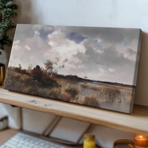 Rustic Wheat Field Cloudy Landscape, Framed Canvas Wall Art, and River Sunset Scene Vintage Nature Paintings for Living Room 10 x 20 inches