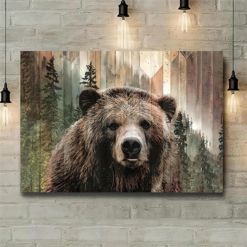 May include: A rectangular wooden wall art piece featuring a detailed portrait of a brown grizzly bear. The background shows a forest scene with tall evergreen trees and a wooden plank design.