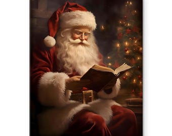Santa Reading Canvas Wall Art, Vintage Christmas Decor, Cozy Holiday Print, Christmas Tree Artwork, Farmhouse Winter Home Gift