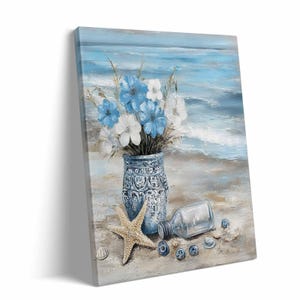 Vaso floreale da spiaggia e stampa a stella marina, tela da parete "Beachside Serenity", decorazione da parete con brezza marina, decorazione per la casa costiera, arte nautica per il soggiorno
