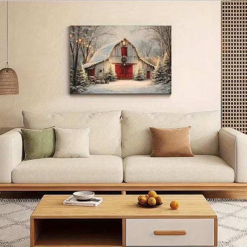 Vintage Farmhouse Barn Painting - Winter Snow Scene With Red Doors Cozy ...