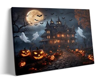 Haunted Mansion Canvas Wall Art, Halloween Haunted House Print, Spooky Pumpkin Decor, Gothic Castle Poster, Full Moon Bat Art, Fall Decor
