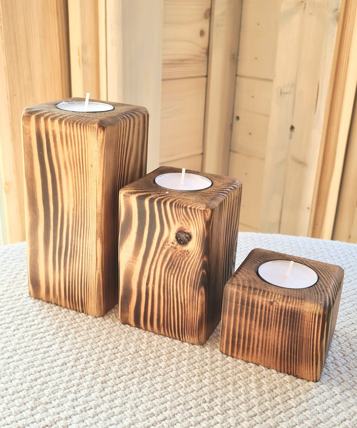 Set of 3 Wooden Tea Light Holders. Etsy UK