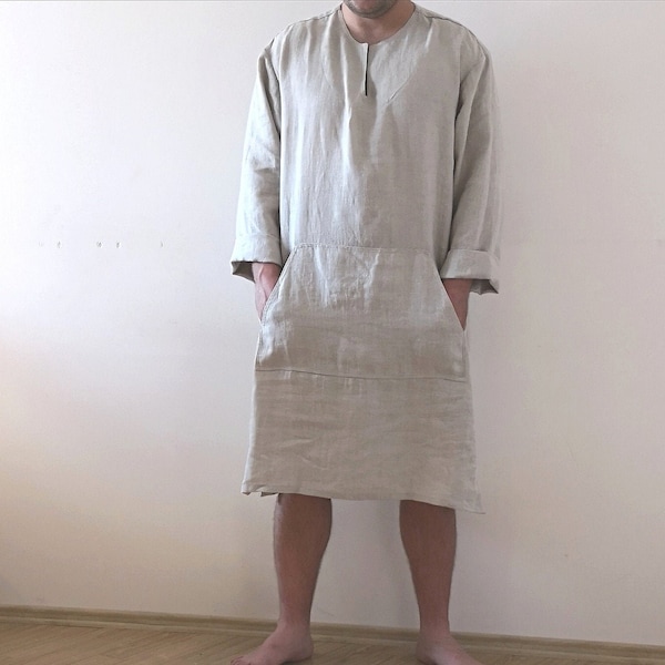 Linen night gown men"s. XS-6XL. Natural undyed linen. Eco linen Linen shirt Gift for Him.  linen robe. handmade linen robe. Men's nightgown