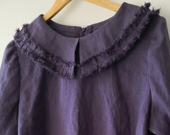 Linen dress. ruffled collar. Purple linen dress. Black linen dress. Loose fitting dress.