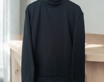 Turtleneck mens sweater black virgin wool polyester knitted jersey handmade plus size