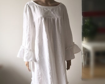 Ruffled Linen nightgown. XS-3XL nightgown. Knee  length Washed softened linen. XS-3XL more Anberlinen.linen dress.Ruffled linen.Gift for her