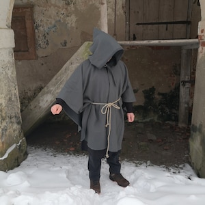 Medieval cape one size. Natural linen . Viking hooded Cloak open front. Cape with attached hood. Apocalyptic cape. Handmade by ANBERLINEN