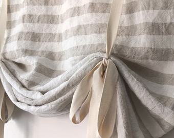 37&quot; long. Rustic linen curtain. Off White/Beige wide striped. Tie up valance. Tied up curtains. Balloon shade.Farmhouse balloon blind