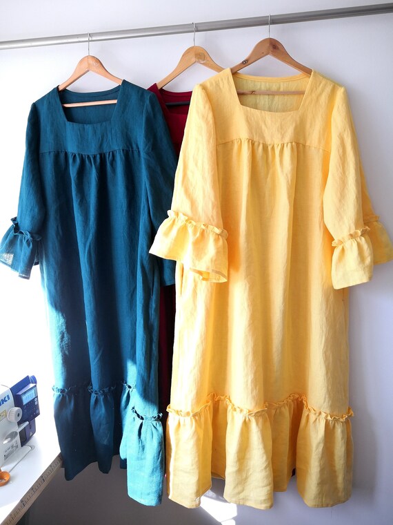 Ruffled Washed Linen Dress: Square Neckline, Xs-3xl