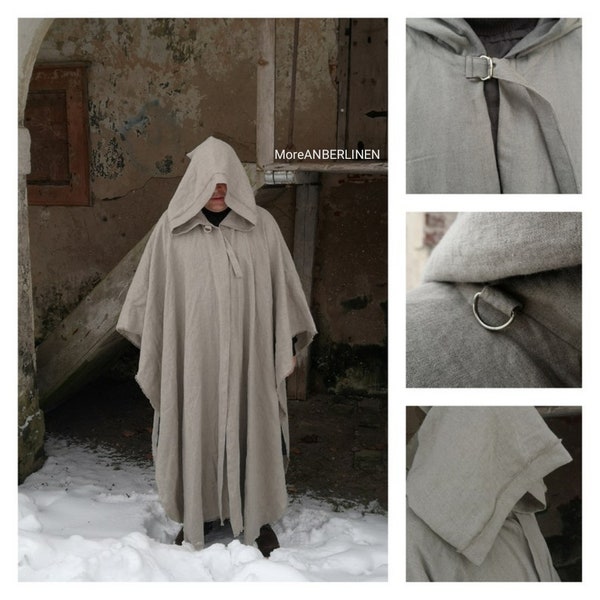 Black linen cloak. Ranger cloak/ Linen cape. Medieval LARP Cloak open front. Cloak with attached hood.Apocalyptic cloak.Mens cloak .Handmade