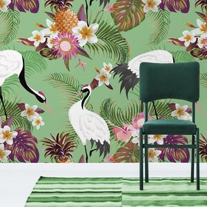 Green wallpaper with tropical birds and flowers || self adhesive, peel and stick wall mural