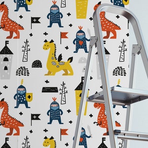 Vector hand drawn wallpaper with knights and dragons || For Kids, self adhesive, peel and stick wall mural