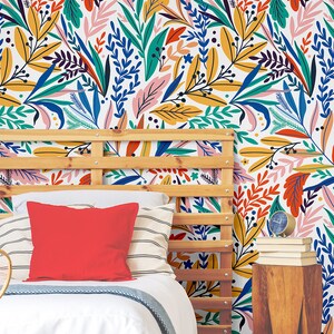 Colorful leaf pattern wallpaper, self adhesive, peel and stick floral wall mural